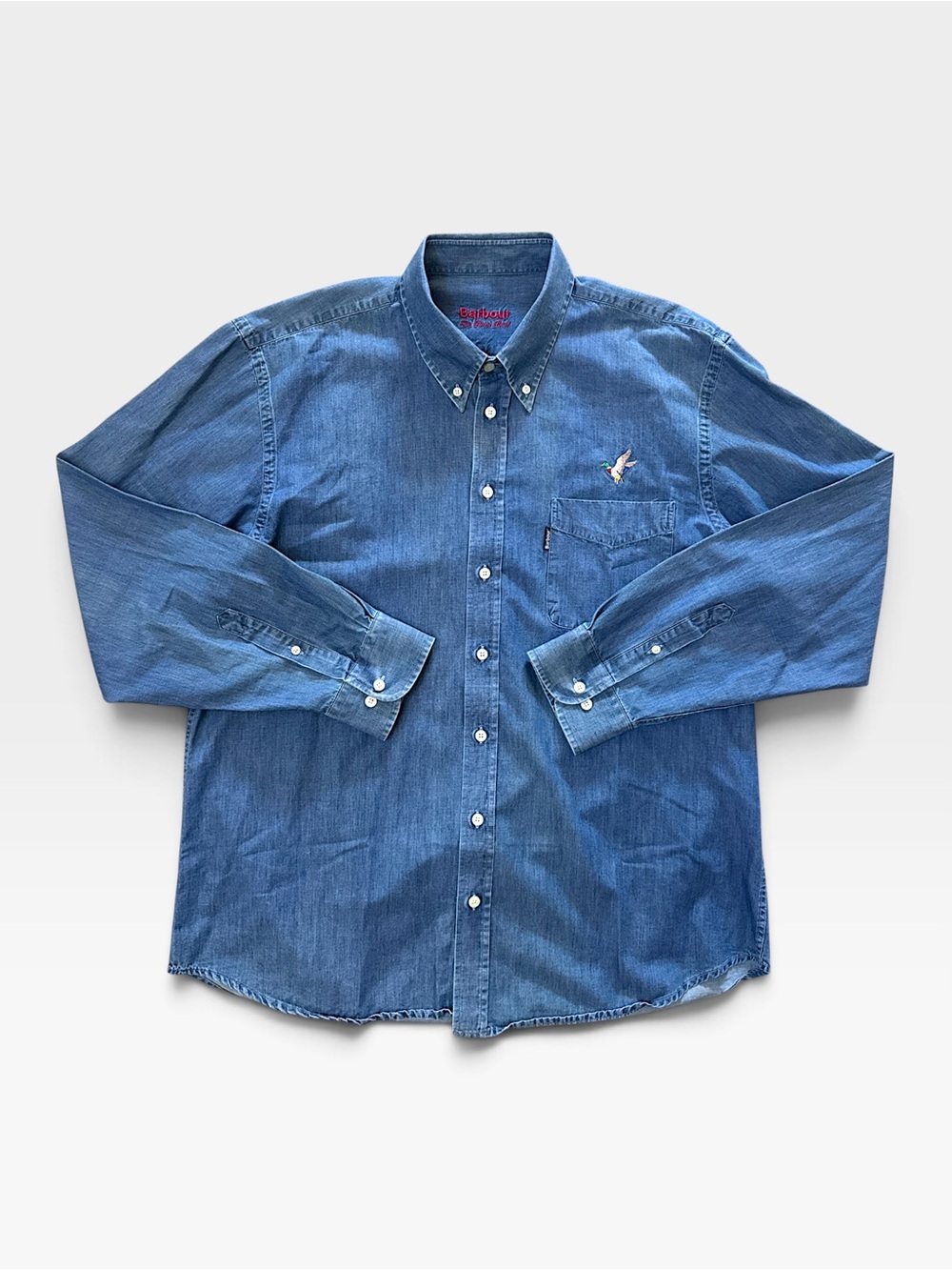 VTG Barbour The Plain Shirt Embroidered Mallard Duck Chambray Denim Button Down